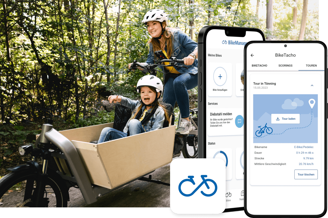 Frau mit Kind und Lastenrad davor zwei Smartphones mit BikeManager App auf Display