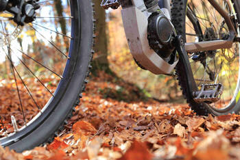E-Mountainbike fährt auf nassem Waldboden