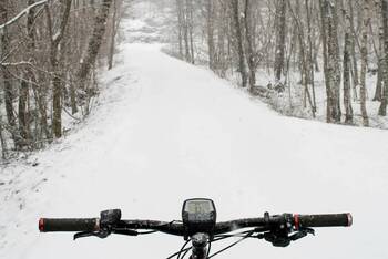 Lenker eines E-Bikes mit winterlichem Hintergrund
