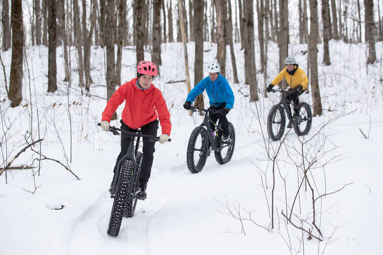 Freunde fahren im Winter Fahrrad