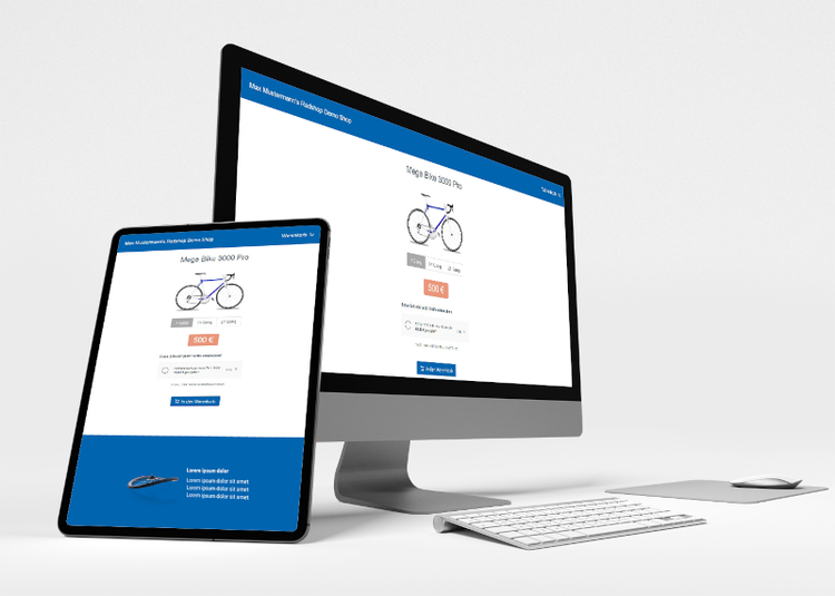 Zu sehen ist ein Desktop und ein Laptop auf dem ein Onlineshop geöffnet ist. Das gezeigte Proudkt ist ein Fahrrad.