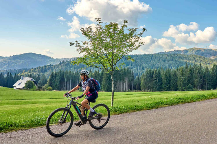 Frau mit Helm fährt mit Mountainbike durch Tal.