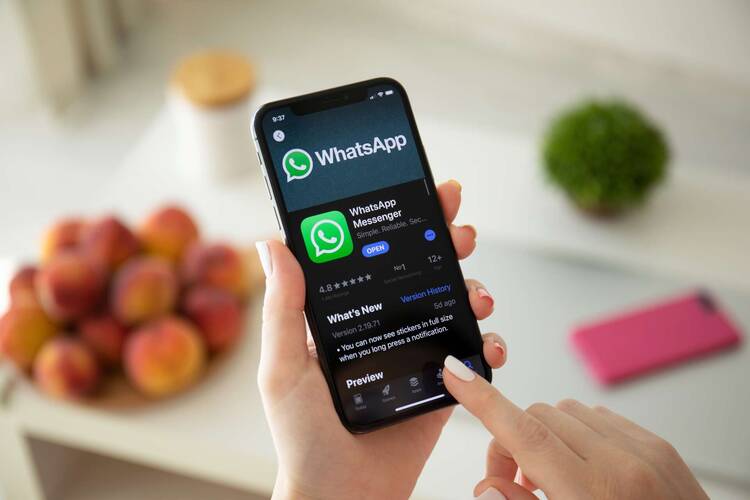Ein schwarzes Smartphone wird in der Hand gehalten, auf dem Display wird die App Whatsapp im Appstore angezeigt.