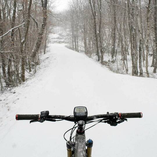 Lenker eines E-Bikes mit winterlichem Hintergrund