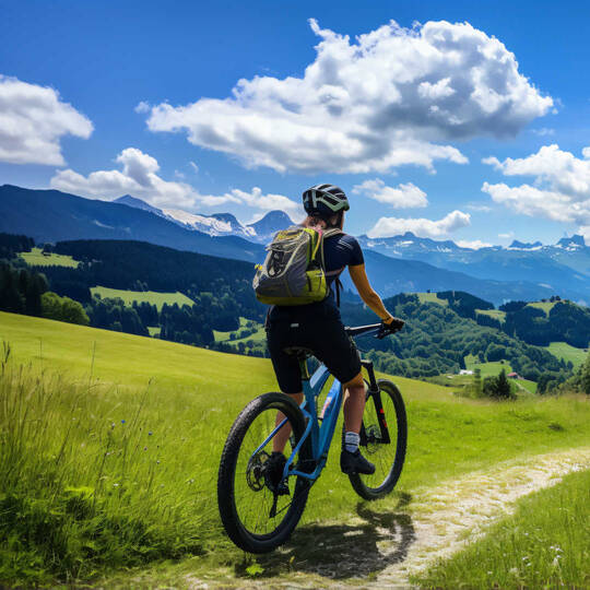 Frau auf E-Mountainbike fährt durch die Berge
