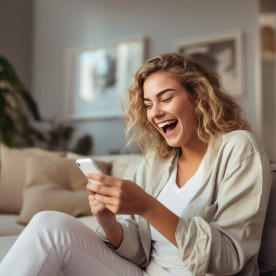 WhatsApp-Status – So funktioniert das WhatsApp-Tool Frau sitzt lächelnd vor ihrem Handy